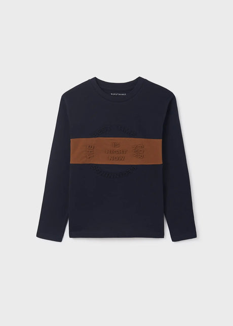 Mayoral boys Navy embossed graphic long sleeve T-shirt with contrast front panel.