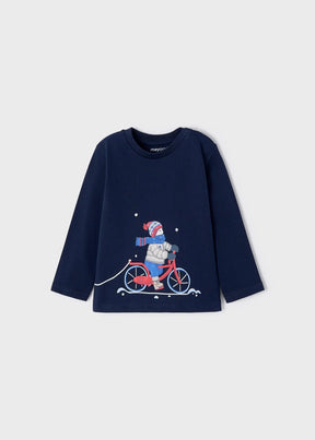 Front view of navy baby boys T-shirt with winter cyclist graphic