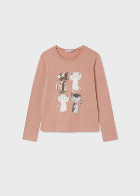 Front view of dusty rose girls long-sleeve tee with four cat graphics