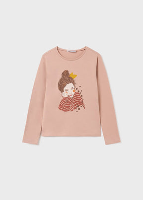 Front view of blush girls long-sleeve tee with portrait graphic