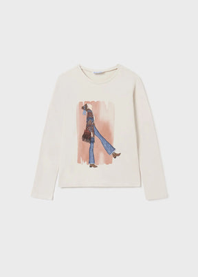 Front view of ivory girls long-sleeve tee with fashion illustration