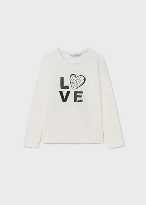Front view of ivory girls T-shirt with LOVE text and heart