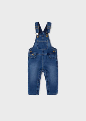 Front view of blue baby denim dungarees with bib pocket and adjustable straps
