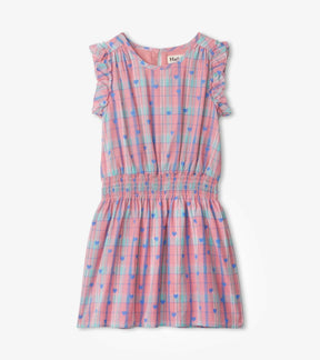 Hatley girls pink-and-blue plaid Lovely Hearts dress with ruffle sleeves and smocked waist, front view