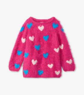 Hatley Lovey Hearts fuchsia fuzzy sweater with turquoise and cream hearts, front view