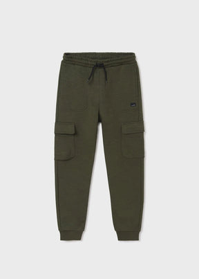 Front view of olive boys cargo joggers with drawcord waist