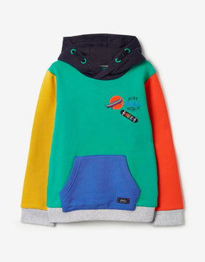 Joules Lucas Colourblock Skateboard Hoodie: front view with colourblock panels and blue pocket