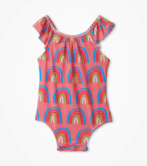 Front view of Hatley Lucky Rainbows baby ruffle swimsuit in coral pink