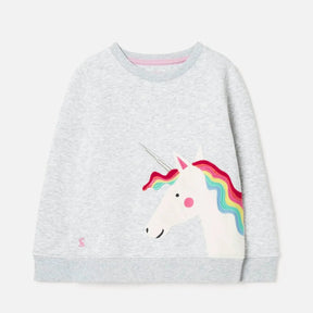 Joules Mackenzie Grey Rainbow Unicorn Sweatshirt: front view with rainbow-maned unicorn
