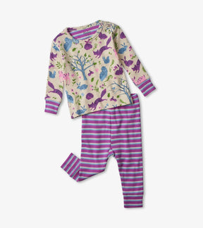Hatley Magical Forest baby pajama set with cream animal-print top and purple striped pants