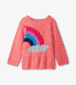 Hatley Magical Rainbow Shimmer coral fuzzy sweater with rainbow and silver cloud, front view
