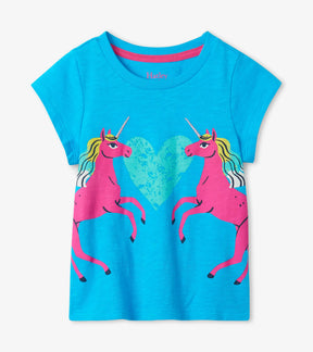 Hatley girls aqua cotton tee with two pink unicorns and teal heart graphic, front view