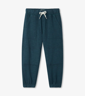 Hatley boys midnight navy relaxed joggers with white drawcord and front patch pockets, front view