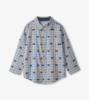 Front of Hatley Mini Bears boys' checked button-down shirt with small bear print and chest pocket