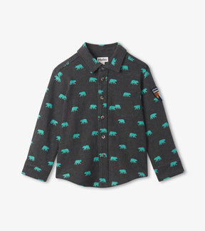 Hatley Mini Bears charcoal button-down shirt with turquoise bear print, front view