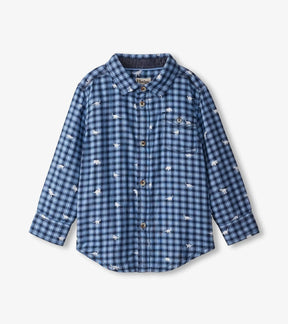 Front of Hatley blue checked Mini Dinos boys' shirt with collar, buttons and chest pocket