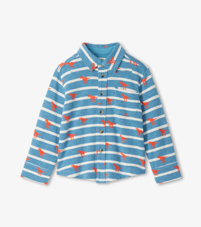 Hatley boys blue striped Mini Dinos button-down shirt, front view