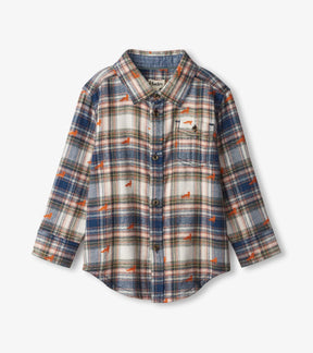 Front of Hatley Mini Foxes cotton button-down shirt in plaid with orange fox print and chest pocket