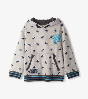 Hatley Mini Moose hoodie front in gray with navy moose, outdoor patches, a kangaroo pocket and striped trim