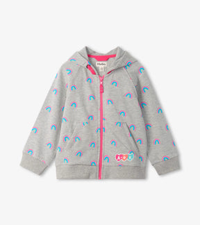 Hatley girls gray full-zip hoodie with pink zipper and turquoise-pink mini rainbows, front view