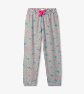 Hatley girls gray relaxed joggers with pink drawcord and turquoise-pink mini rainbow print, front view