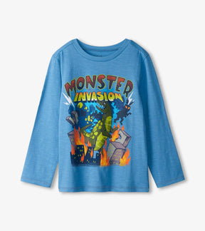 Front of Hatley blue Monster Invasion boys' tee with colorful monster and city graphic