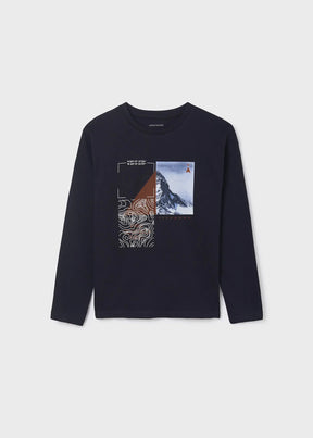 Navy boys long-sleeve T-shirt with mountain photo graphic, front view