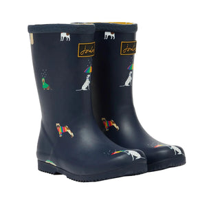 Joules Roll Up Navy Multi Dog Rain Boots: pair shown from front and side
