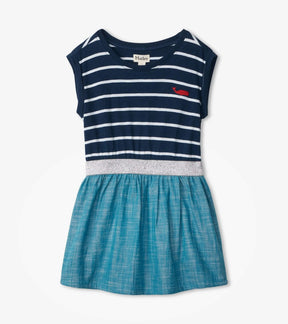 Hatley girls nautical dress with navy stripes, red whale, silver waist and aqua skirt, front view