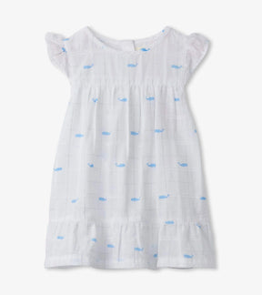 Hatley baby girls white dress with tiny light-blue whale print, flutter sleeves and flounce hem