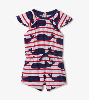 Hatley baby girls white romper with red stripes, navy whales, flutter sleeves and bow