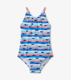 Front view of Hatley Nautical Whales striped swimsuit with slim pink straps