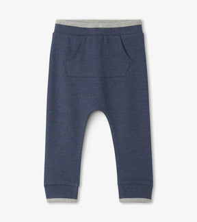 Hatley heathered navy baby joggers with grey waist trim and kangaroo pocket, front view