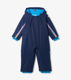 Hatley toddler navy Snowday Suit with hood, blue lining and patterned sleeve trim, front view