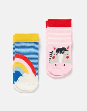 Joules Neat Feet Rainbow and Horse Socks 2-Pack: both rainbow and horse sock designs laid flat