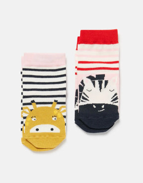 Joules Neat Feet Zebra Giraffe Socks 2-Pack: zebra and giraffe sock designs laid flat