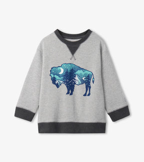 Hatley boys grey Night Buffalo pullover with blue moonlit graphic, front view