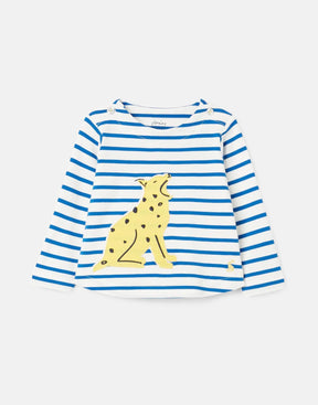 Joules Harbour Blue Stripe Spotted Animal Top: front view with yellow spotted animal