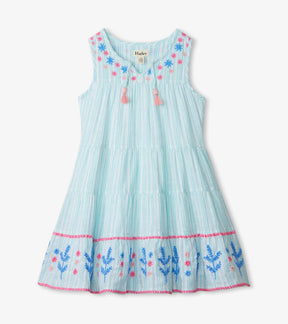Hatley Ocean Blue striped tiered dress with floral embroidery and tassels, front view