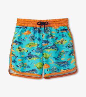 Front view of Hatley Ocean Life aqua swim shorts with colorful fish and orange trim