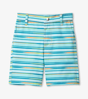 Hatley boys Ocean Stripes shorts with aqua, white and teal stripes, snap fly and pockets, front view