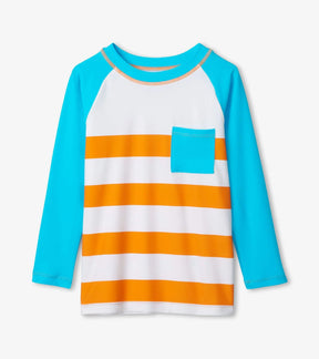 Front view of Hatley Orange Soda Stripes rashguard with aqua long sleeves and chest pocket