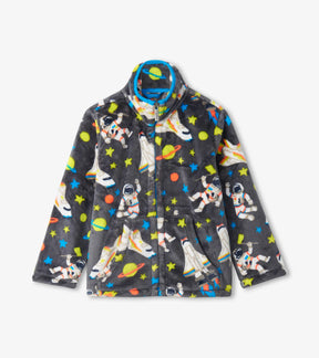 Front of Hatley charcoal fuzzy fleece zip-up with astronauts, rockets, planets and stars
