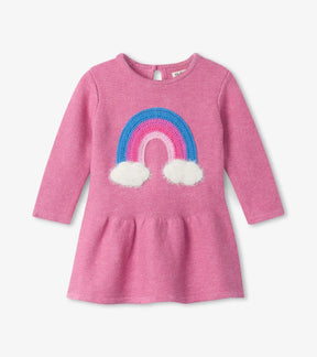 Hatley pink baby sweater dress with blue rainbow and white cloud accents, front view