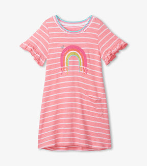 Hatley girls coral striped cotton T-shirt dress with embroidered rainbow, front view