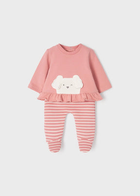 Front view of pink dog appliqué baby top and striped leggings set