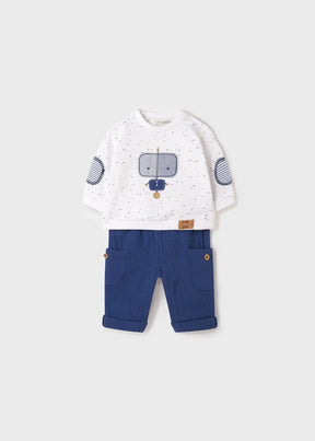 Ivory speckled newborn boy sweatshirt and blue pants set, front view