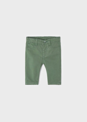 Front view of forest green twill baby boys pants