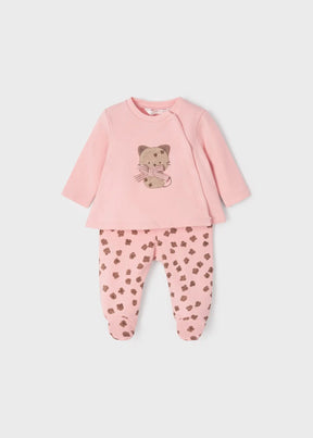 Front view of pink newborn cat top with printed leggings