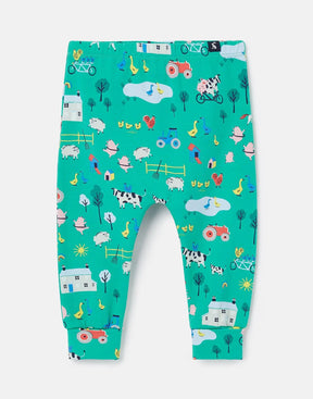 Joules Payton Teal Farmyard Print Leggings: front view of farmyard-print leggings